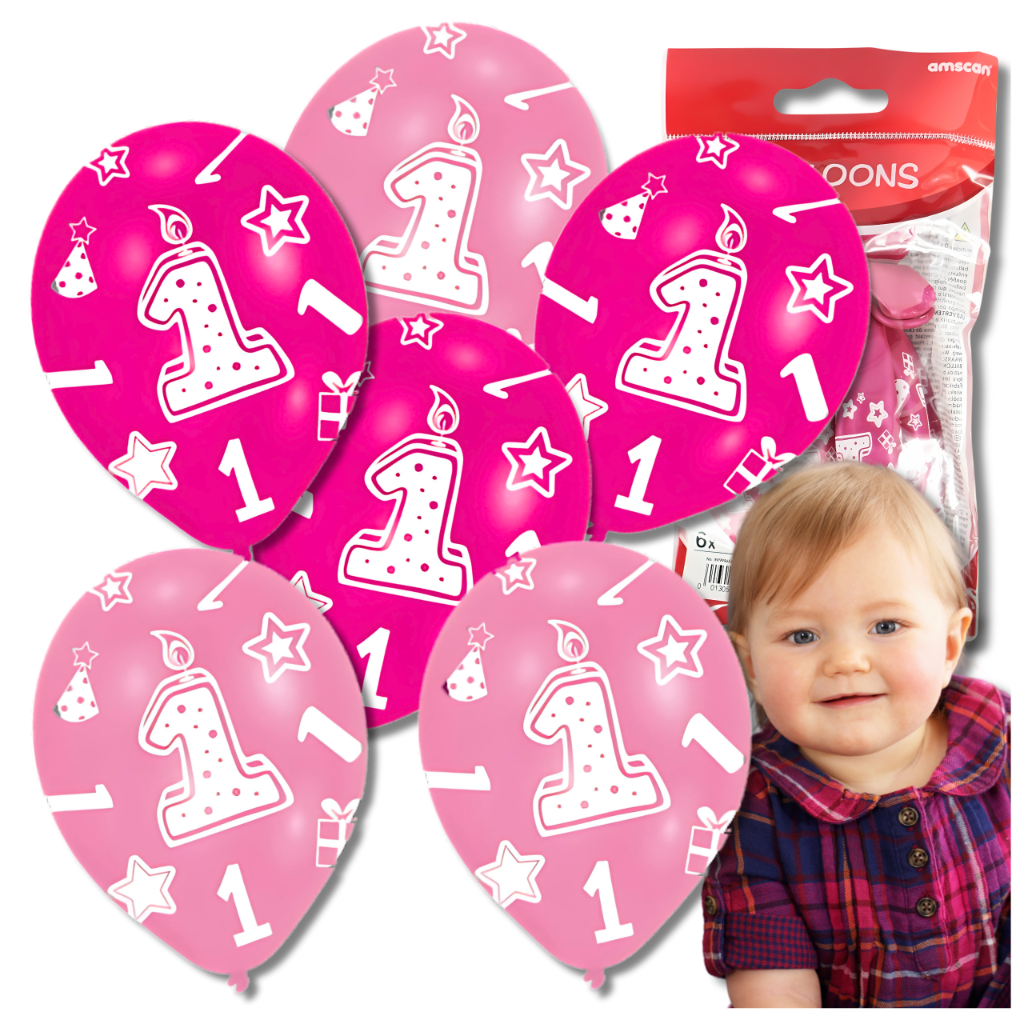 First Birthday Latex Balloons with Number 1 Print, 6 Pack, Pink