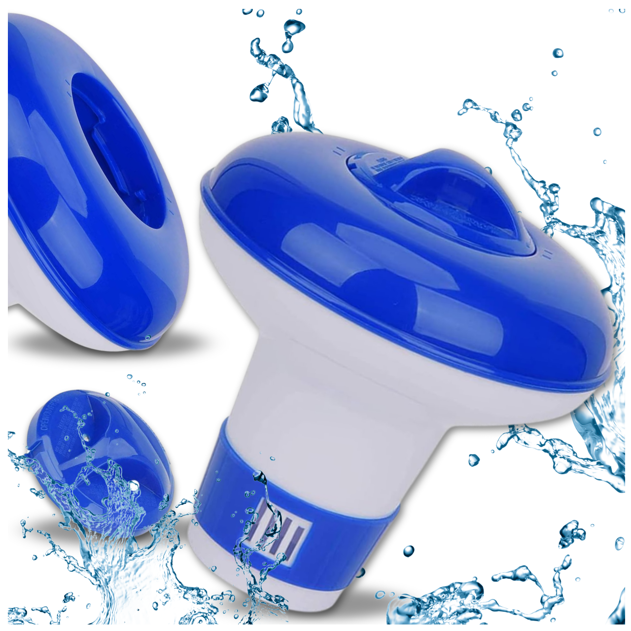 Floating pool chlorine dispenser with adjustable flow, blue white