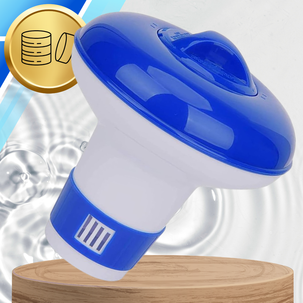 Floating pool chlorine dispenser with adjustable flow, blue white