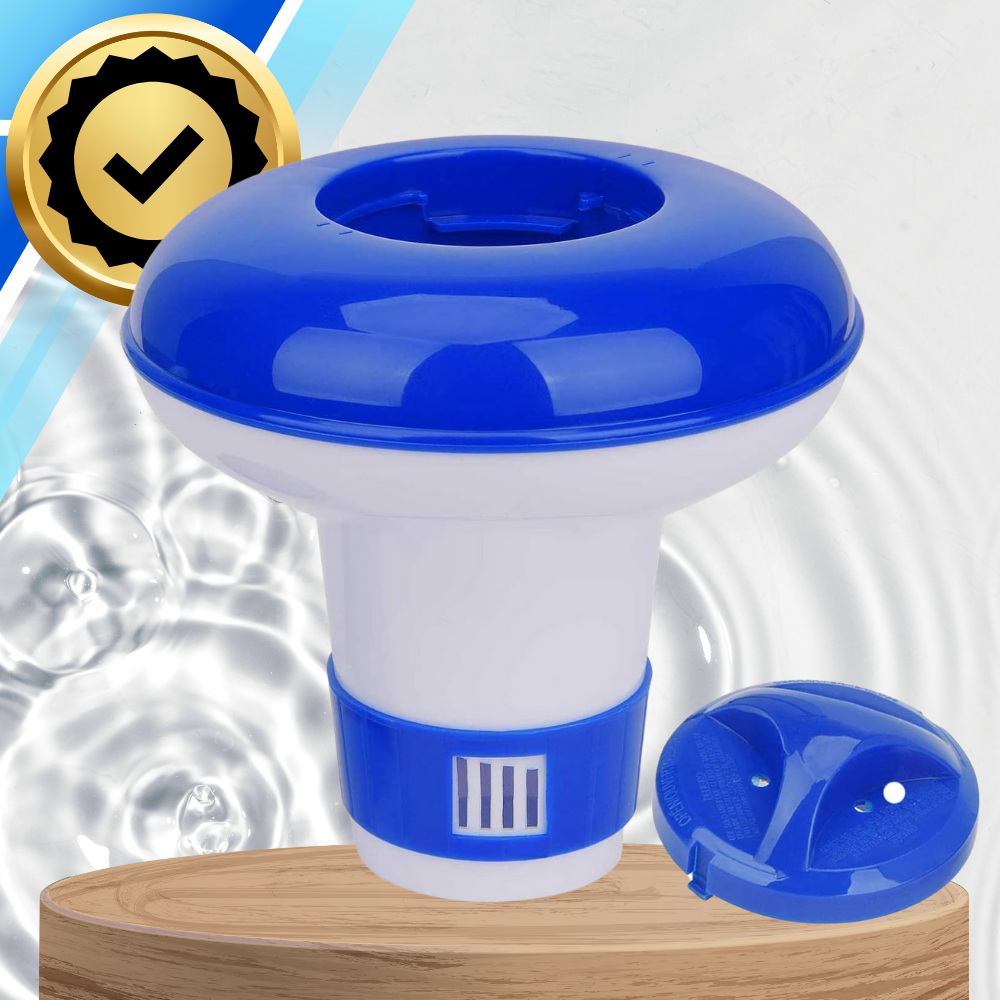 Floating pool chlorine dispenser with adjustable flow, blue white