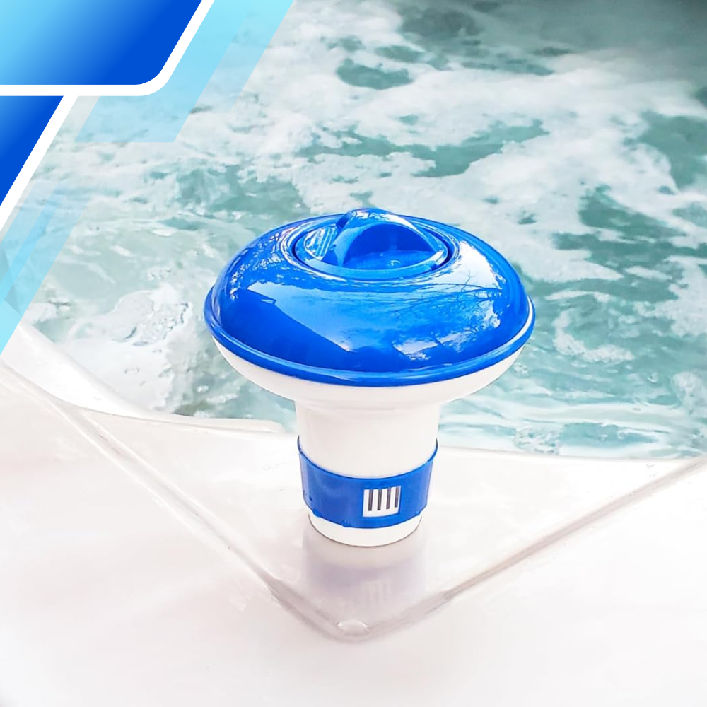 Floating pool chlorine dispenser with adjustable flow, blue white