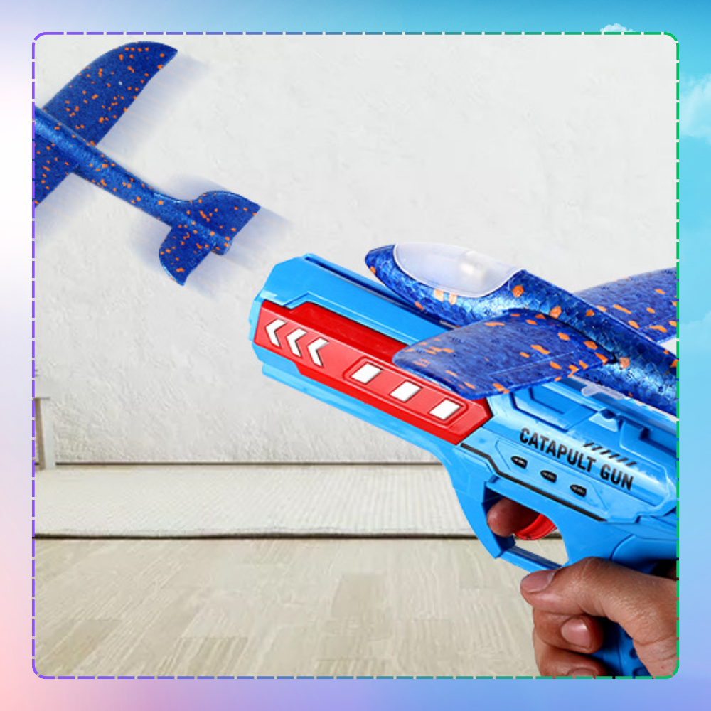 Foam Glider Airplane with Launcher Pistol, LED Light Up Toy, Blue