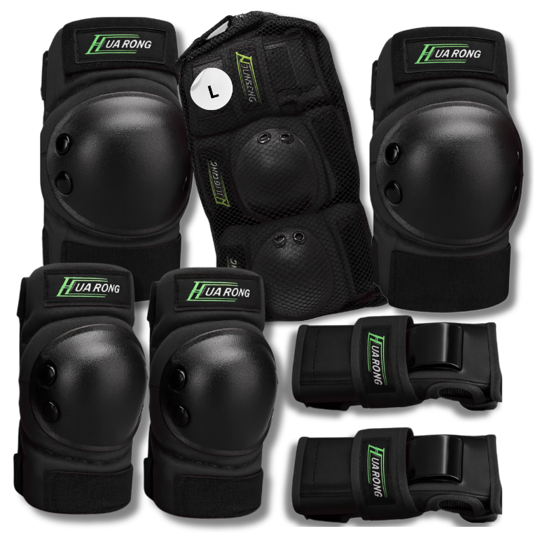 Adult Protective Gear Set with Knee, Elbow, and Wrist Guards, Size L, Black