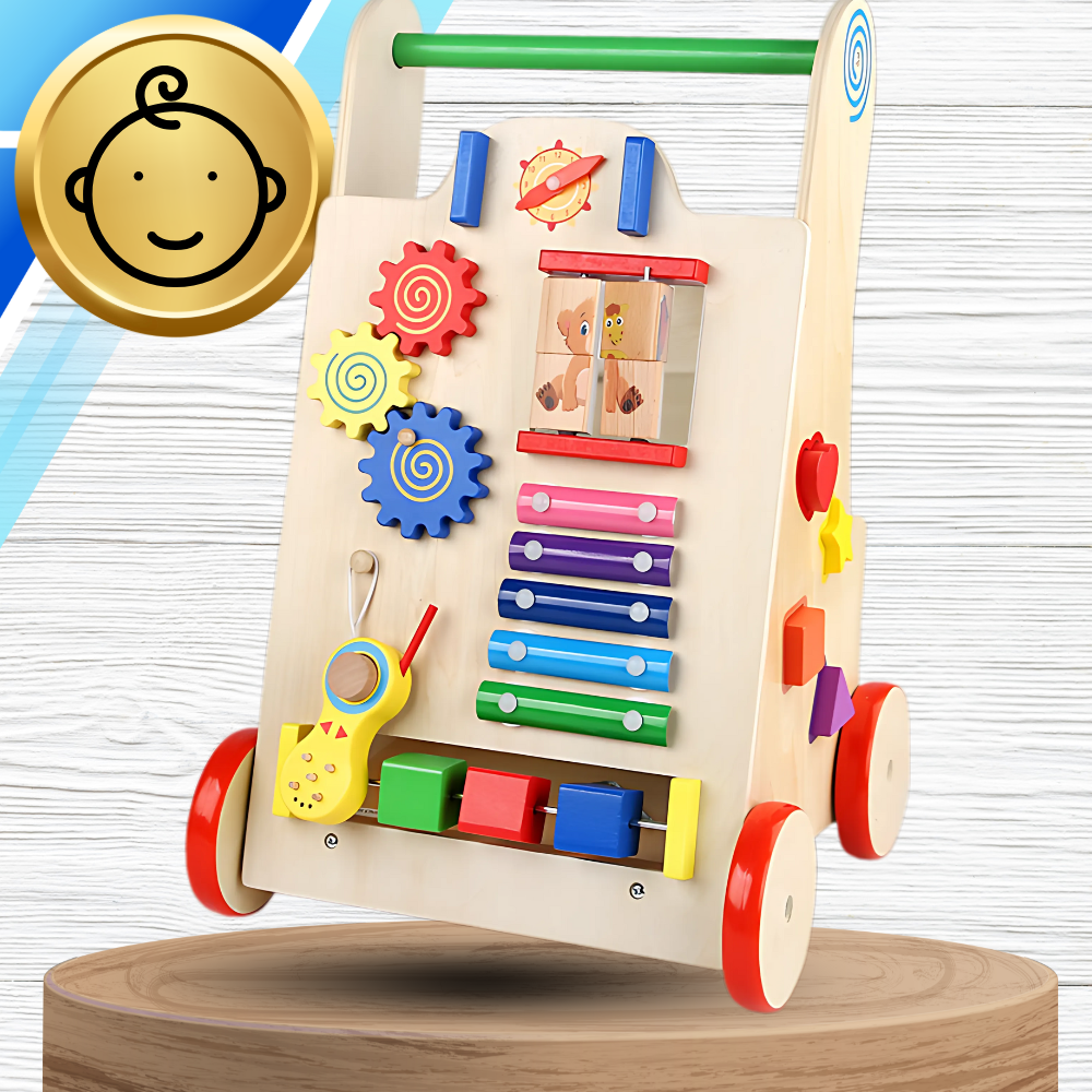 Wooden Baby Walker and Activity Center with Xylophone Clock and Blocks Montessori Toy