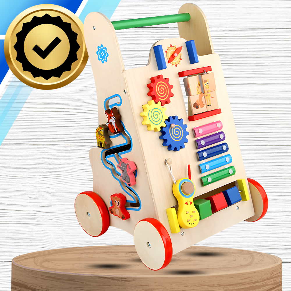 Wooden Baby Walker and Activity Center with Xylophone Clock and Blocks Montessori Toy