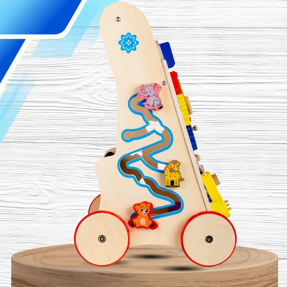 Wooden Baby Walker and Activity Center with Xylophone Clock and Blocks Montessori Toy