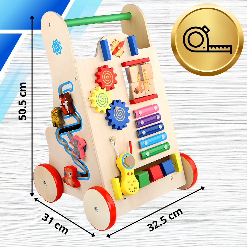 Wooden Baby Walker and Activity Center with Xylophone Clock and Blocks Montessori Toy