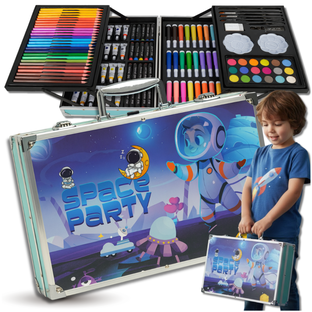145-Piece Kids Art Set in Aluminum Case for Drawing and Painting, Space Theme, Blue