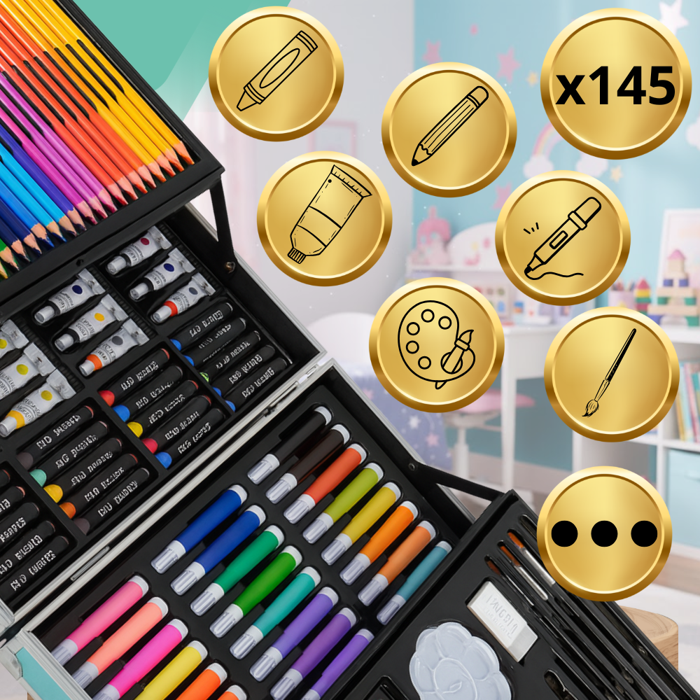 Unicorn Art Set for Kids 145 Piece Drawing and Painting Kit in Aluminum Case, Pink