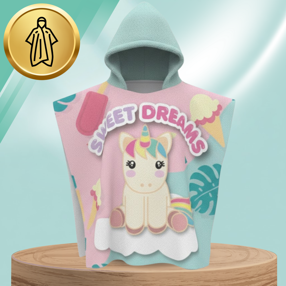 Kids Hooded Beach Towel Unicorn Bath Poncho 60x120, pink celadon