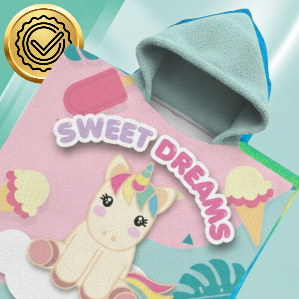 Kids Hooded Beach Towel Unicorn Bath Poncho 60x120, pink celadon