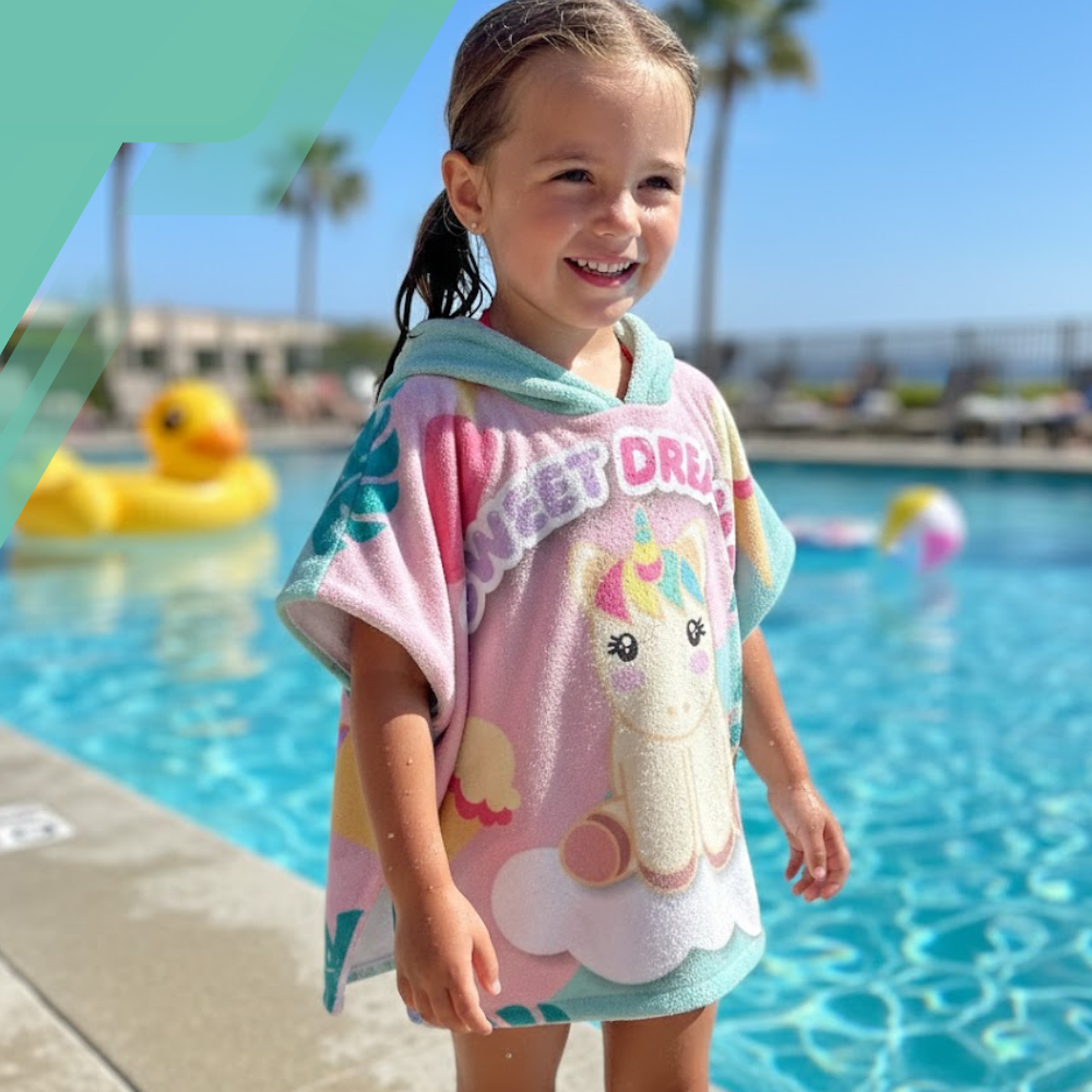 Kids Hooded Beach Towel Unicorn Bath Poncho 60x120, pink celadon