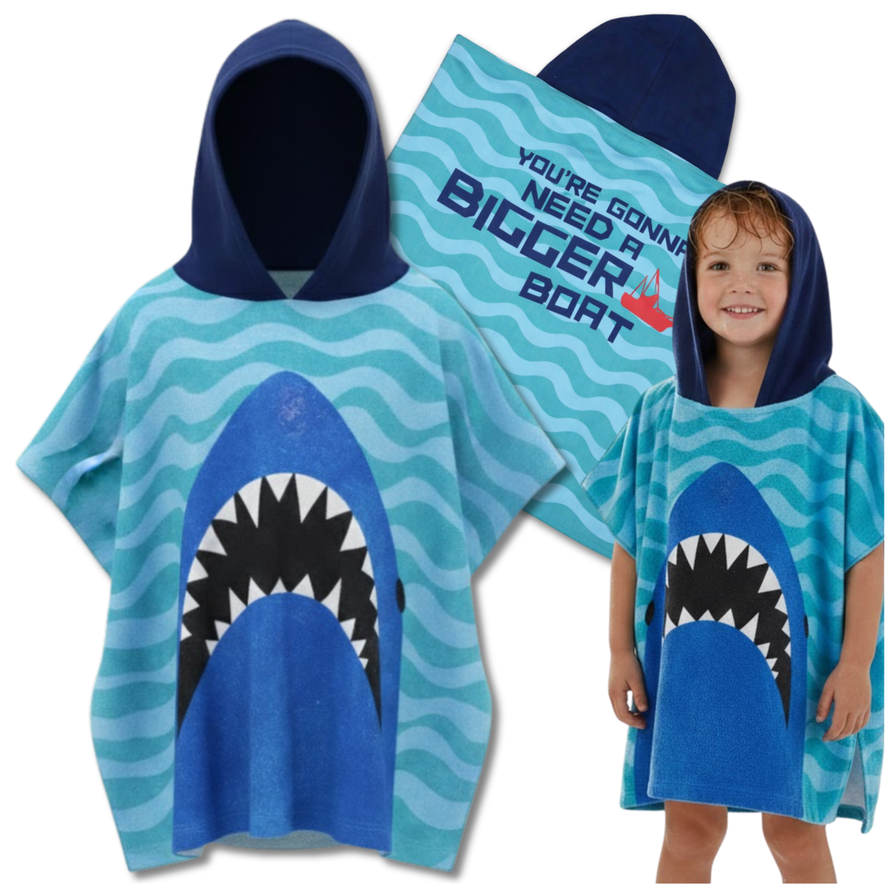 Kids Hooded Beach Towel Shark Poncho 50x100 cm, Blue