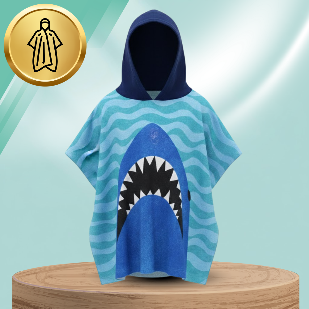 Kids Hooded Beach Towel Shark Poncho 50x100 cm, Blue