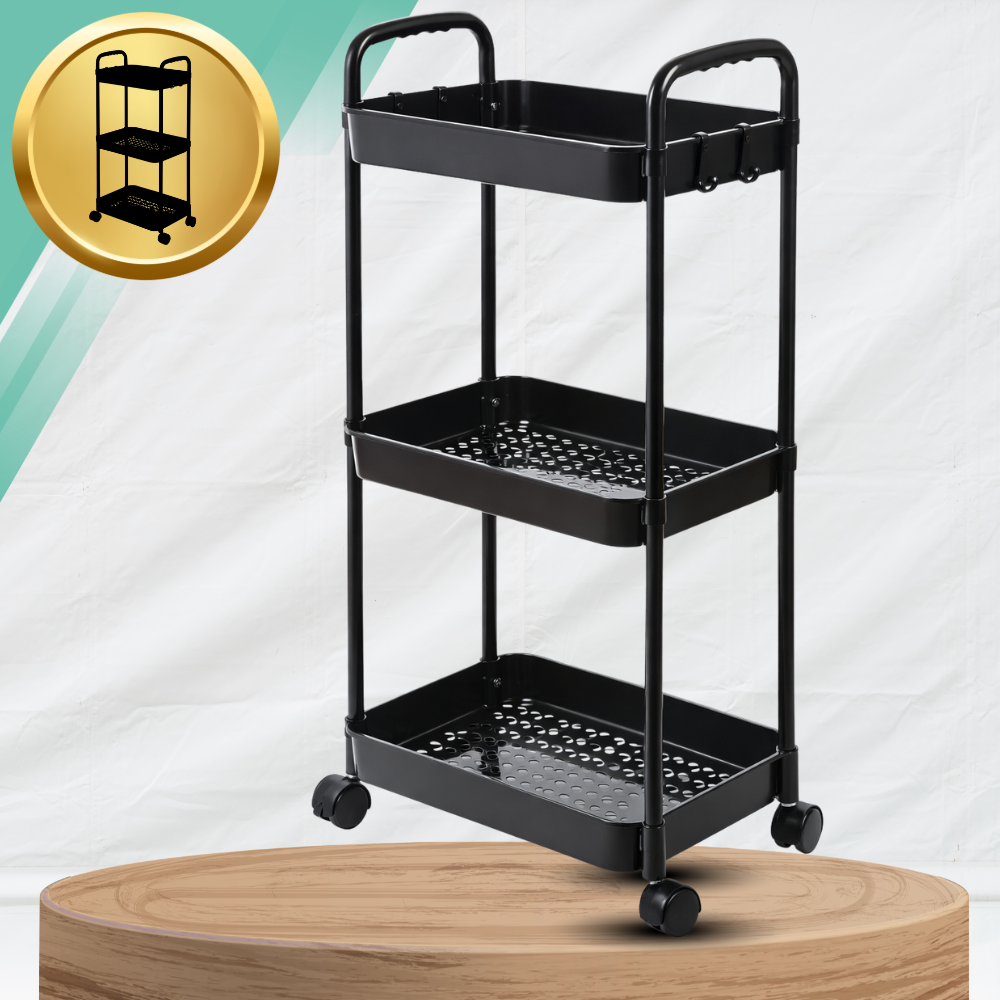 3-Tier Rolling Storage Cart on Wheels Mobile Utility Trolley, Black