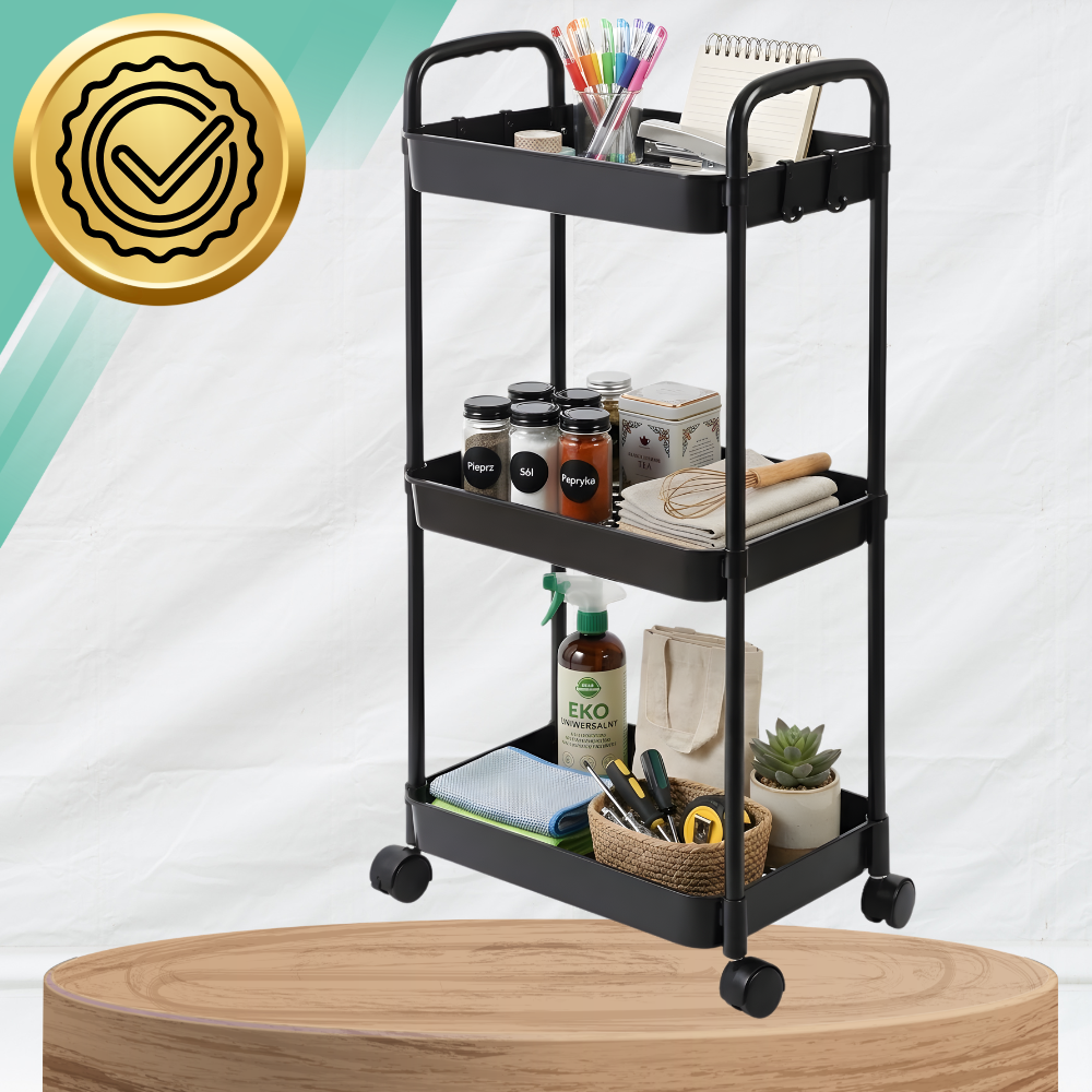 3-Tier Rolling Storage Cart on Wheels Mobile Utility Trolley, Black