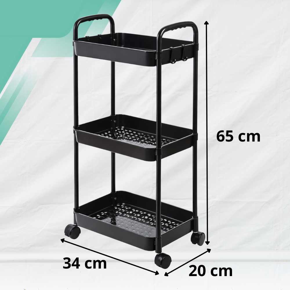 3-Tier Rolling Storage Cart on Wheels Mobile Utility Trolley, Black