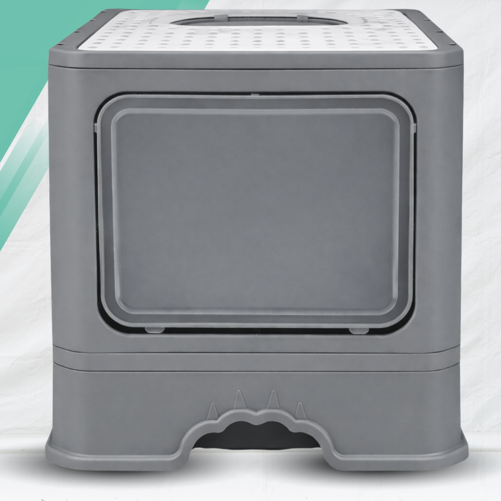 Large Enclosed Cat Litter Box with Drawer and Scoop, Foldable, Grey