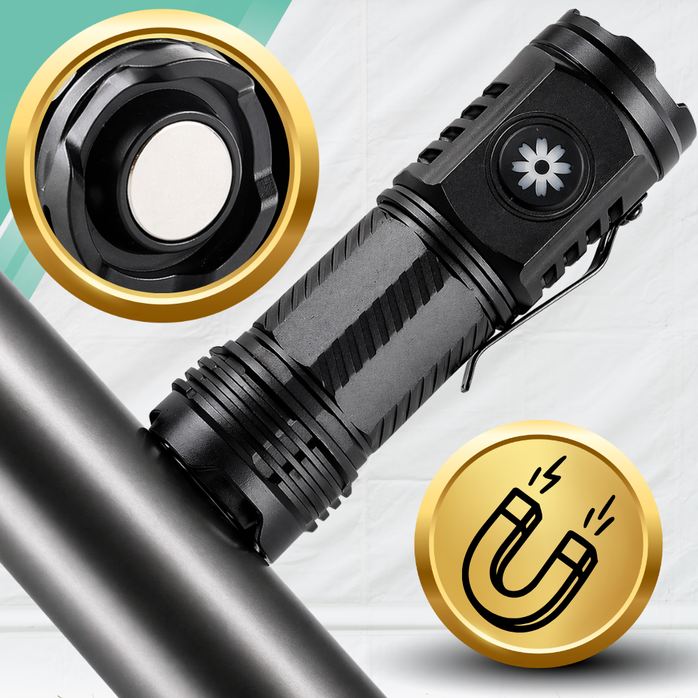 Rechargeable Tactical LED Flashlight with Magnet and Side Light, USB-C, Black
