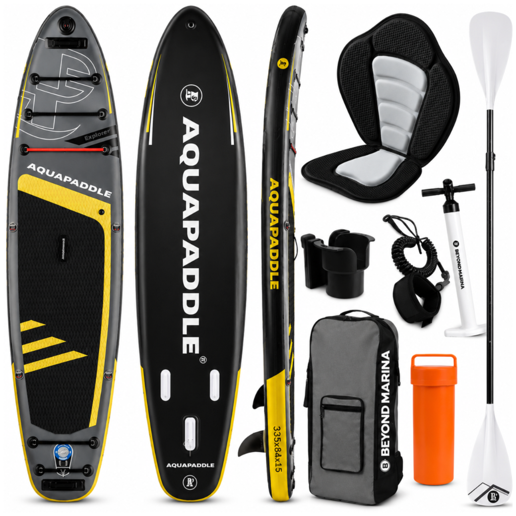 AquaPaddle Explorer SUP Board with Seat, 335x84x15 cm, Black/Yellow/Grey