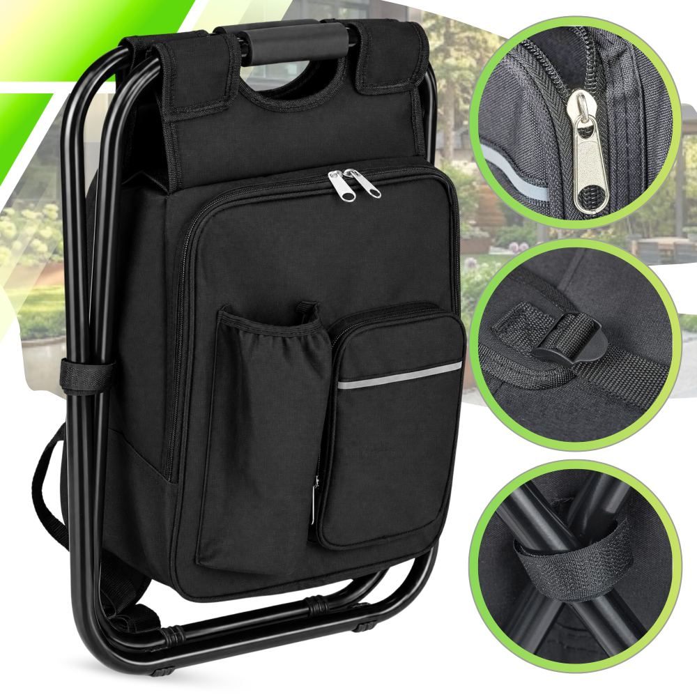 3-in-1 Camping Backpack with Folding Chair and Cooler Bag, 14L, Black
