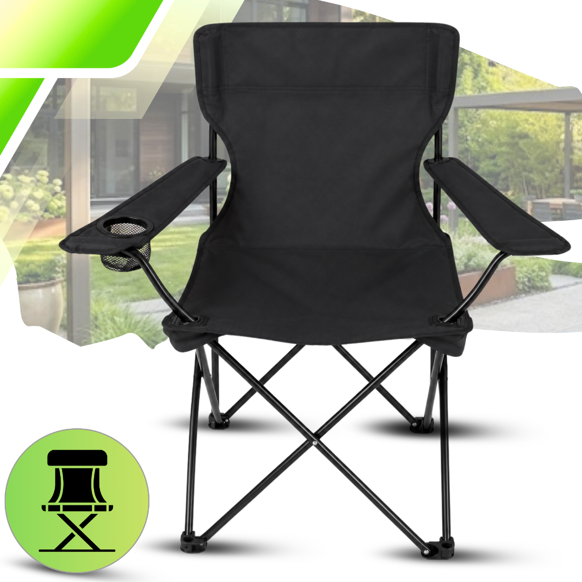 Folding Camping Chair with Armrests and Cup Holder, Black