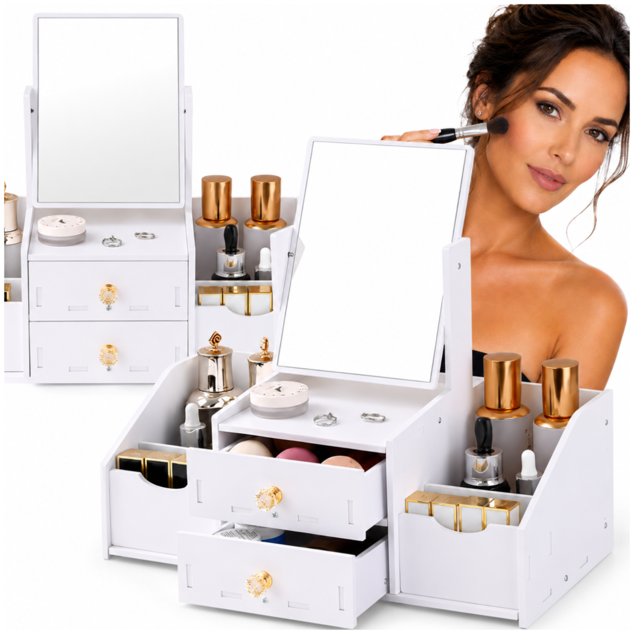 Cosmetic Organizer with Mirror and Drawers, White, 40x35x20 cm