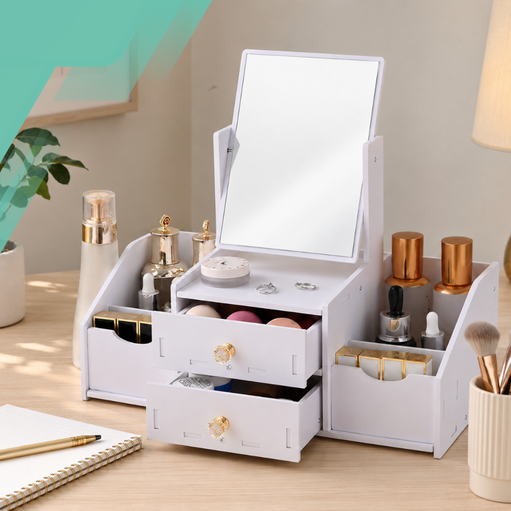 Cosmetic Organizer with Mirror and Drawers, White, 40x35x20 cm