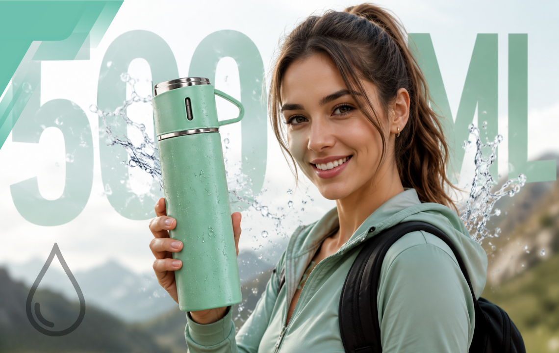 Travel Thermos Flask 500 ml with 3 Cups, Stainless Steel, Green