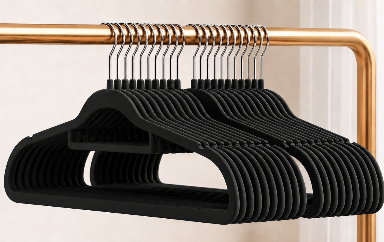 Velvet Clothes Hangers with Swivel Metal Hook, 10 Pack, Black