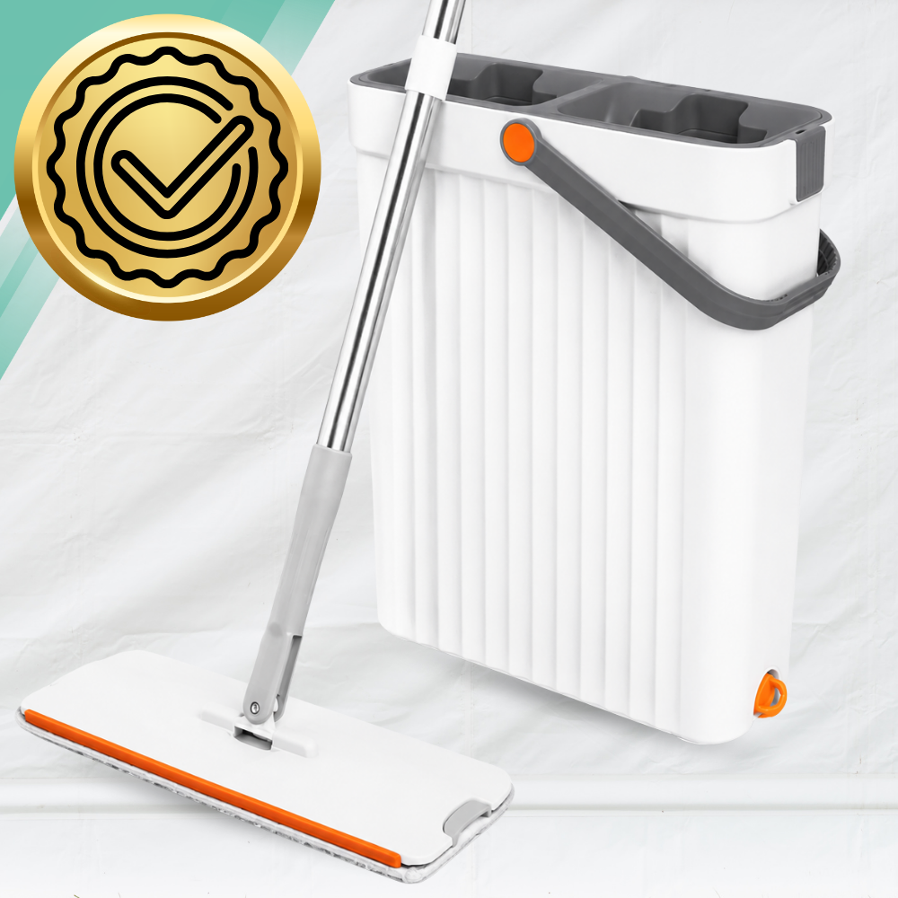 Flat Mop with 2-Chamber Bucket Wash + Dry, 33 cm and 4 Microfiber Pads
