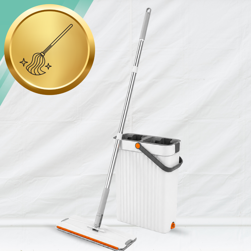 Flat Mop with 2-Chamber Bucket Wash + Dry, 33 cm and 4 Microfiber Pads