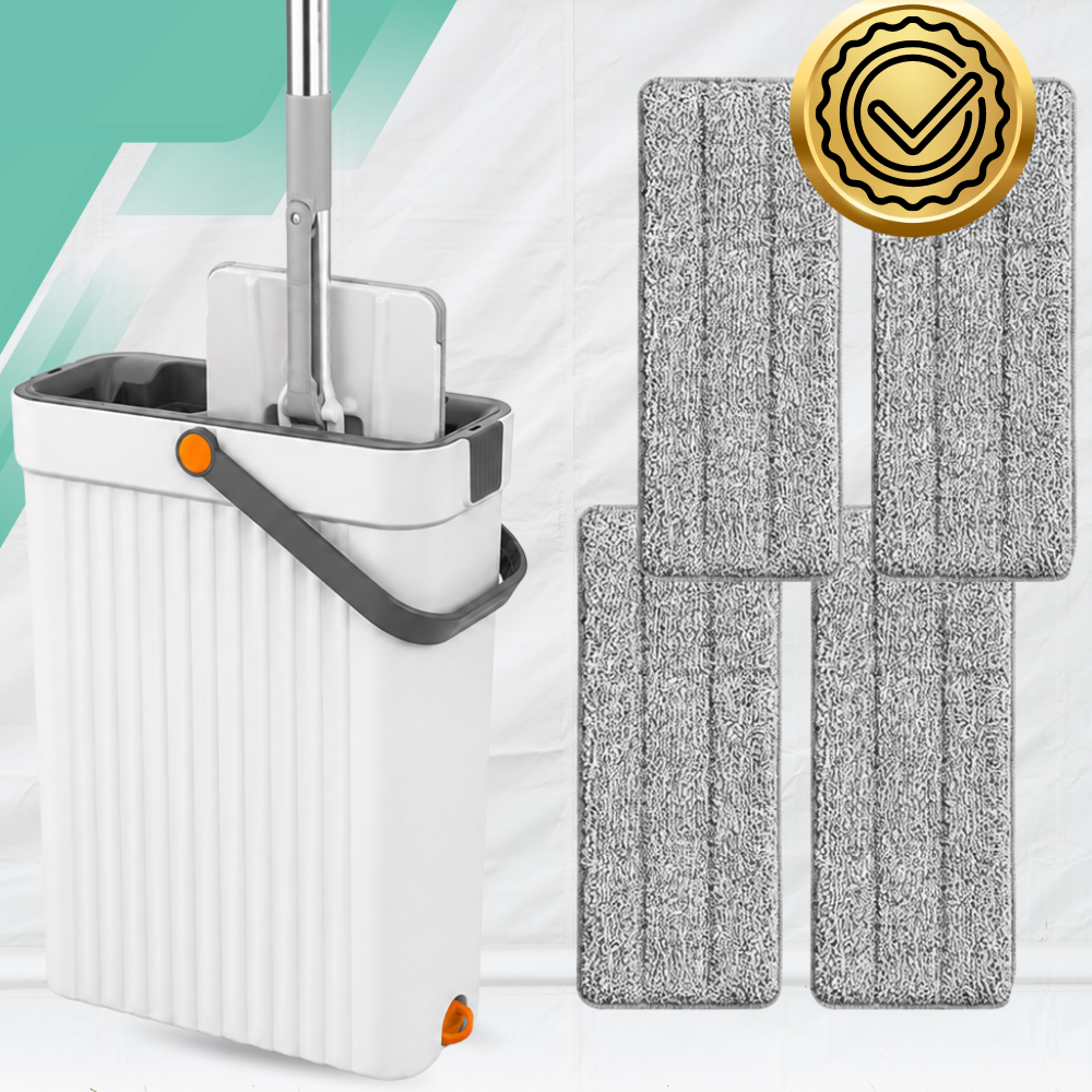 Flat Mop with 2-Chamber Bucket Wash + Dry, 33 cm and 4 Microfiber Pads
