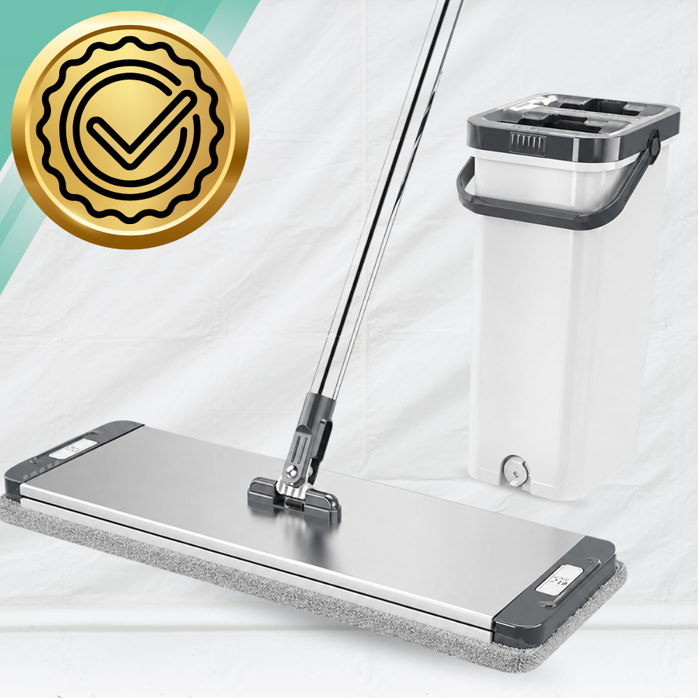 Flat Mop with 2-Compartment Bucket Wash + Dry, 33 cm Aluminium Head, 4 Microfibre Pads
