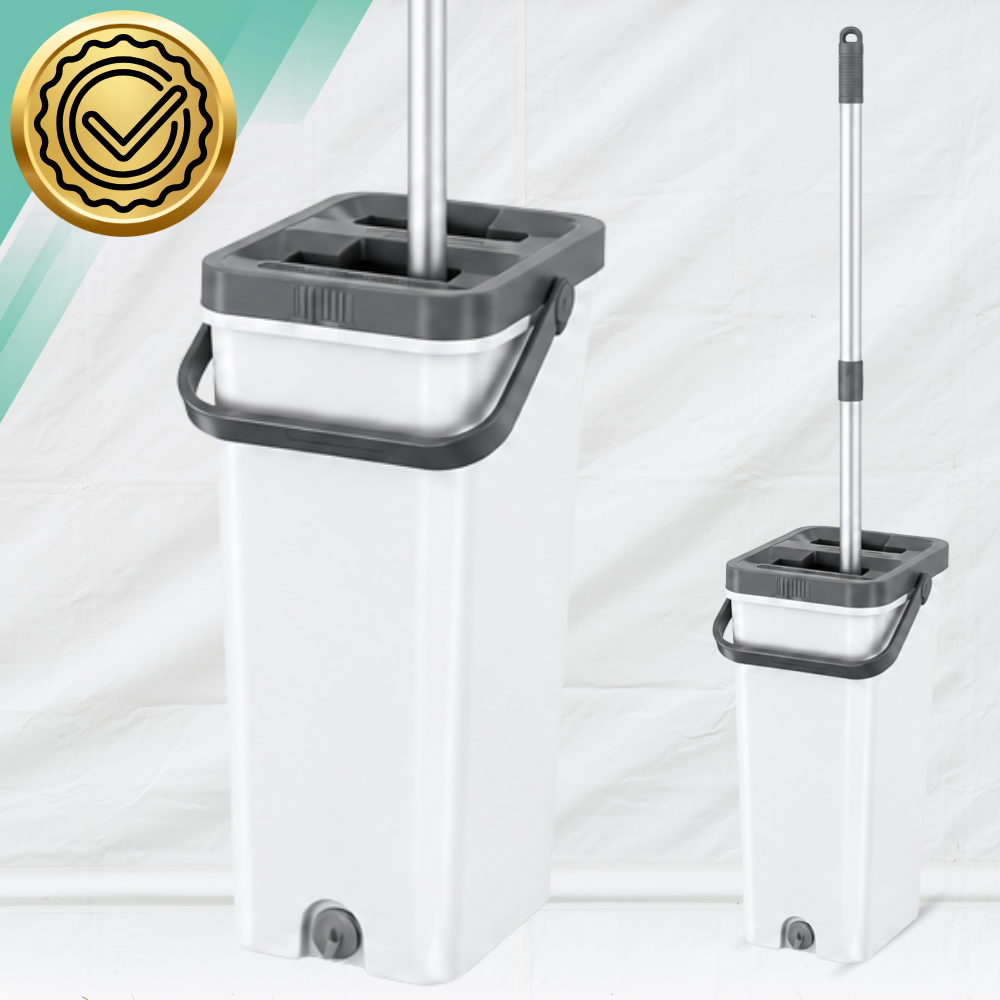 Flat Mop with 2-Compartment Bucket Wash + Dry, 33 cm Aluminium Head, 4 Microfibre Pads