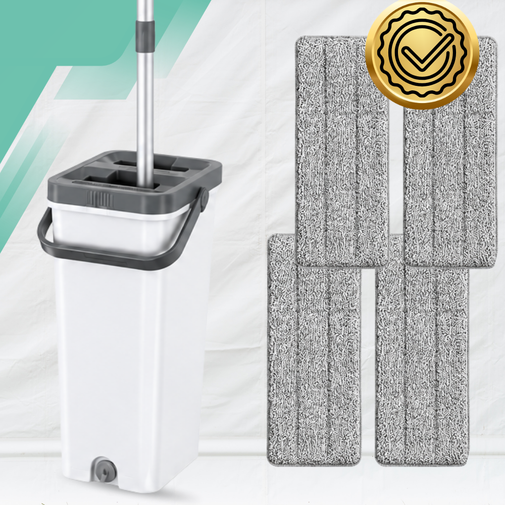 Flat Mop with 2-Compartment Bucket Wash + Dry, 33 cm Aluminium Head, 4 Microfibre Pads