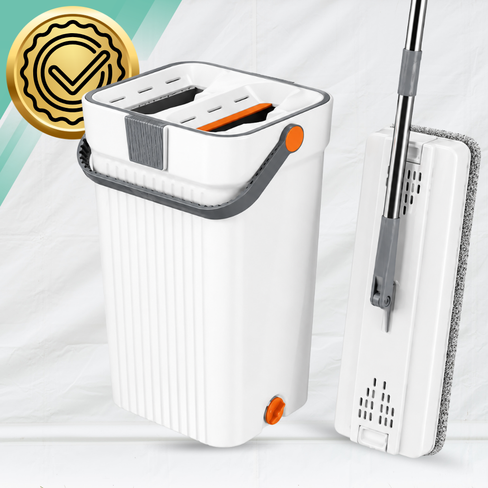 Flat Floor Mop with 2-Compartment Wash + Dry Bucket, 33 cm and 4 Microfibre Pads