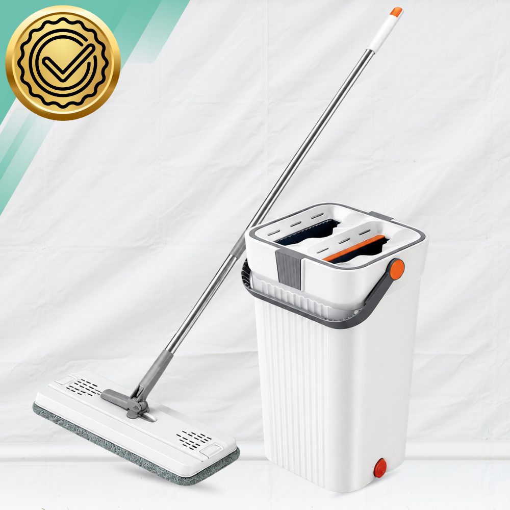 Flat Floor Mop with 2-Compartment Wash + Dry Bucket, 33 cm and 4 Microfibre Pads
