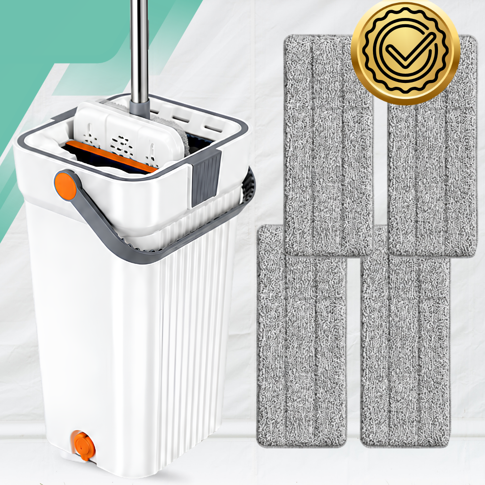 Flat Floor Mop with 2-Compartment Wash + Dry Bucket, 33 cm and 4 Microfibre Pads