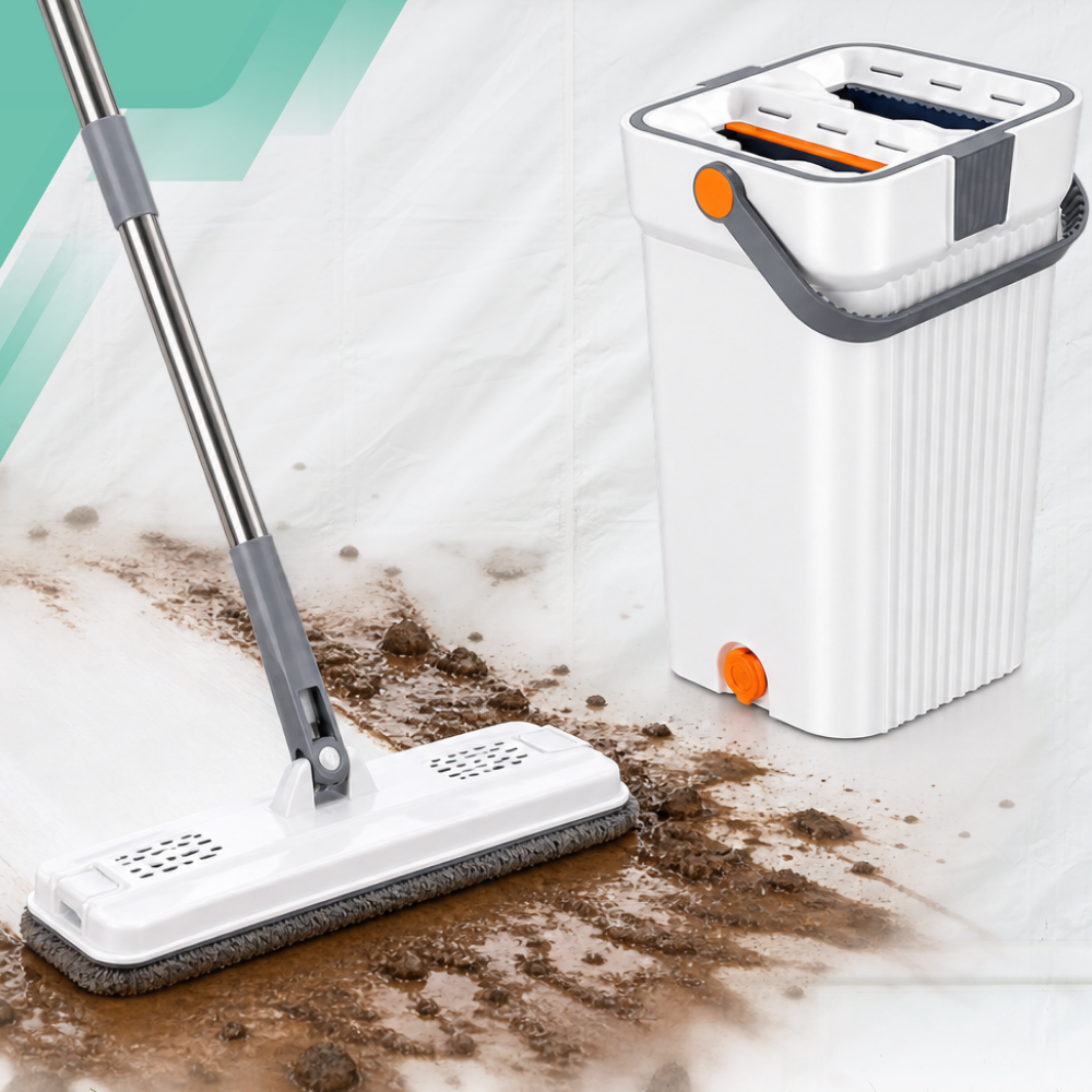 Flat Floor Mop with 2-Compartment Wash + Dry Bucket, 33 cm and 4 Microfibre Pads