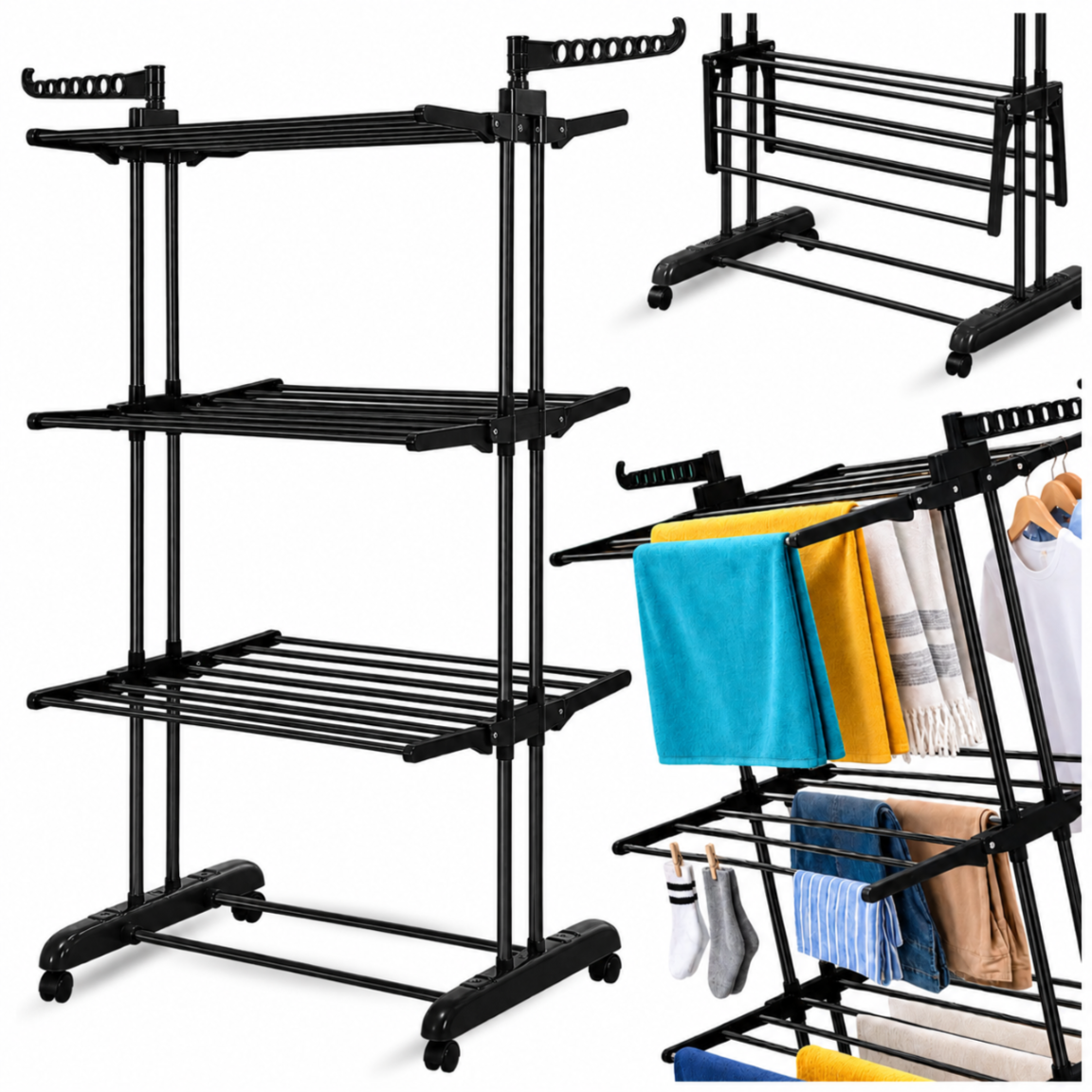 3-Tier Foldable Clothes Drying Rack on Wheels, up to 50 kg, Black