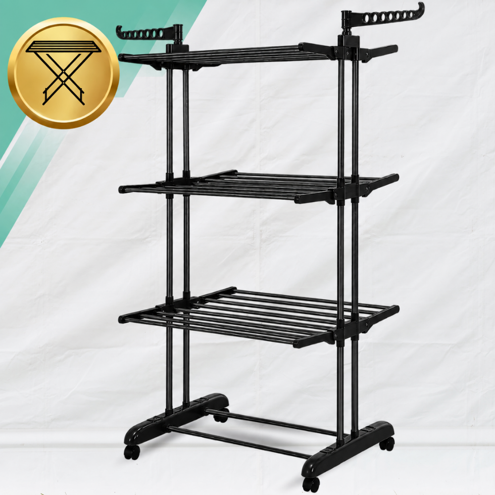 3-Tier Foldable Clothes Drying Rack on Wheels, up to 50 kg, Black