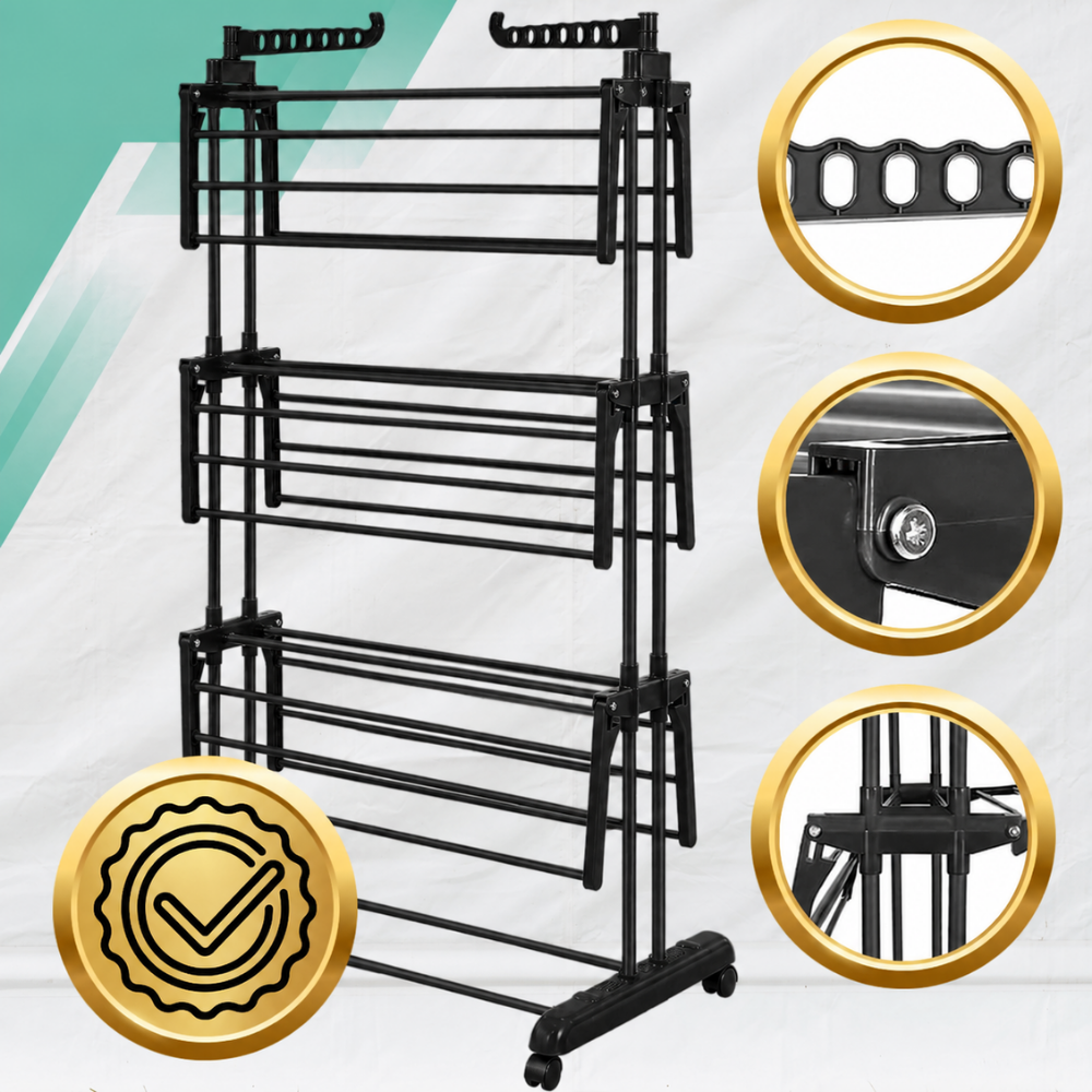 3-Tier Foldable Clothes Drying Rack on Wheels, up to 50 kg, Black