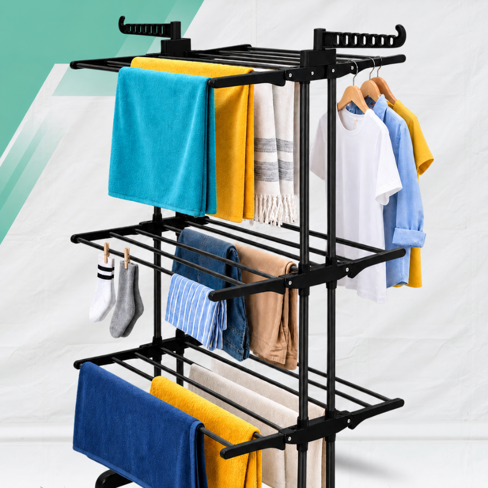 3-Tier Foldable Clothes Drying Rack on Wheels, up to 50 kg, Black