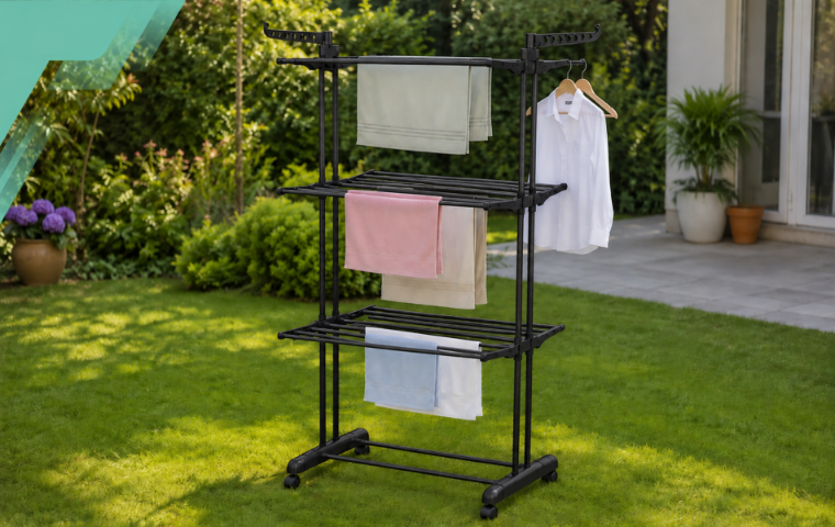 3-Tier Foldable Clothes Drying Rack on Wheels, up to 50 kg, Black