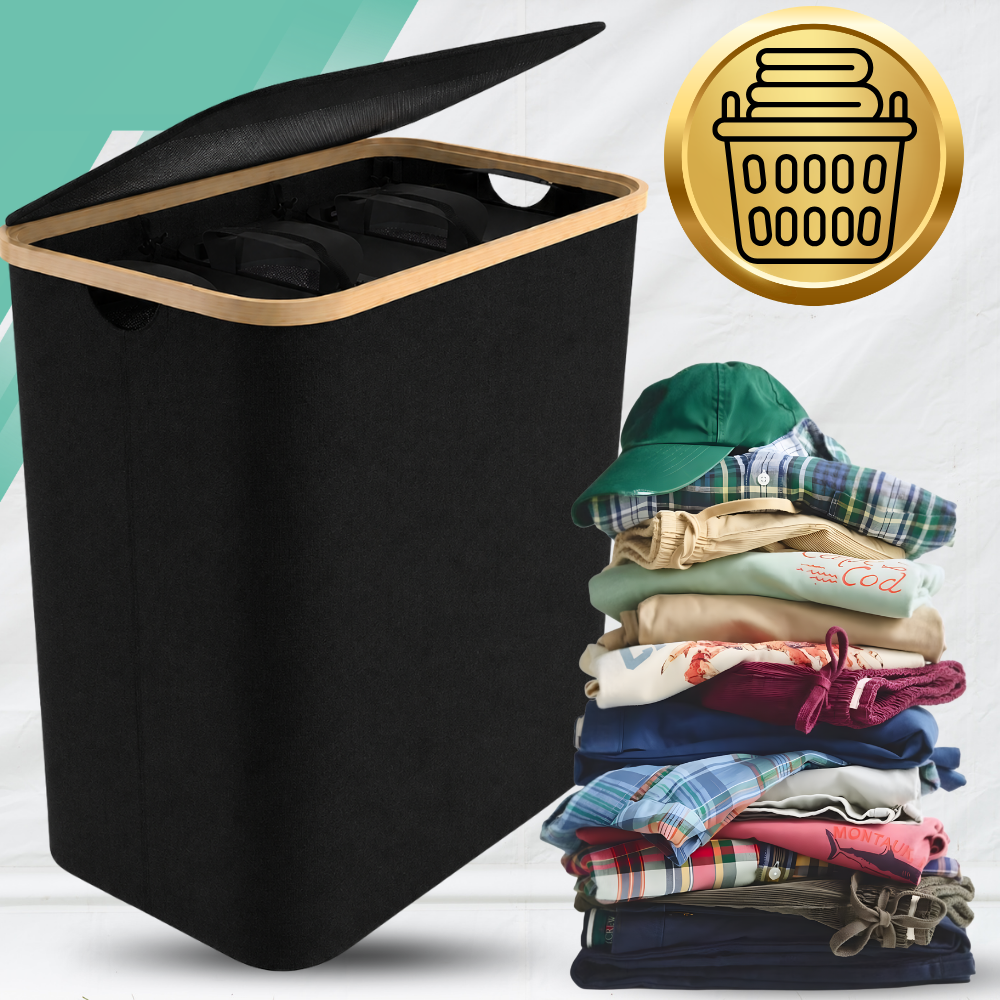 Laundry Basket with Lid and 2 Compartments 140L, 57 x 37 x 70 cm, Black