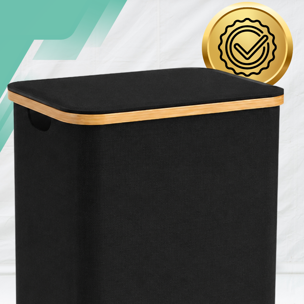 Laundry Basket with Lid and 2 Compartments 140L, 57 x 37 x 70 cm, Black