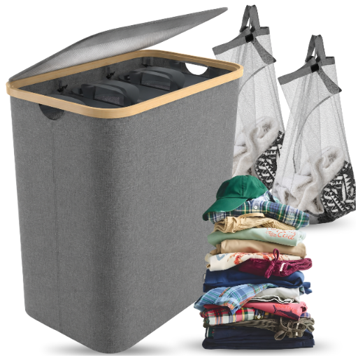 140L Laundry Hamper with Lid and 2 Compartments, Folding Sorter, Gray