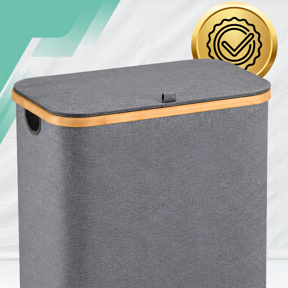 140L Laundry Hamper with Lid and 2 Compartments, Folding Sorter, Gray