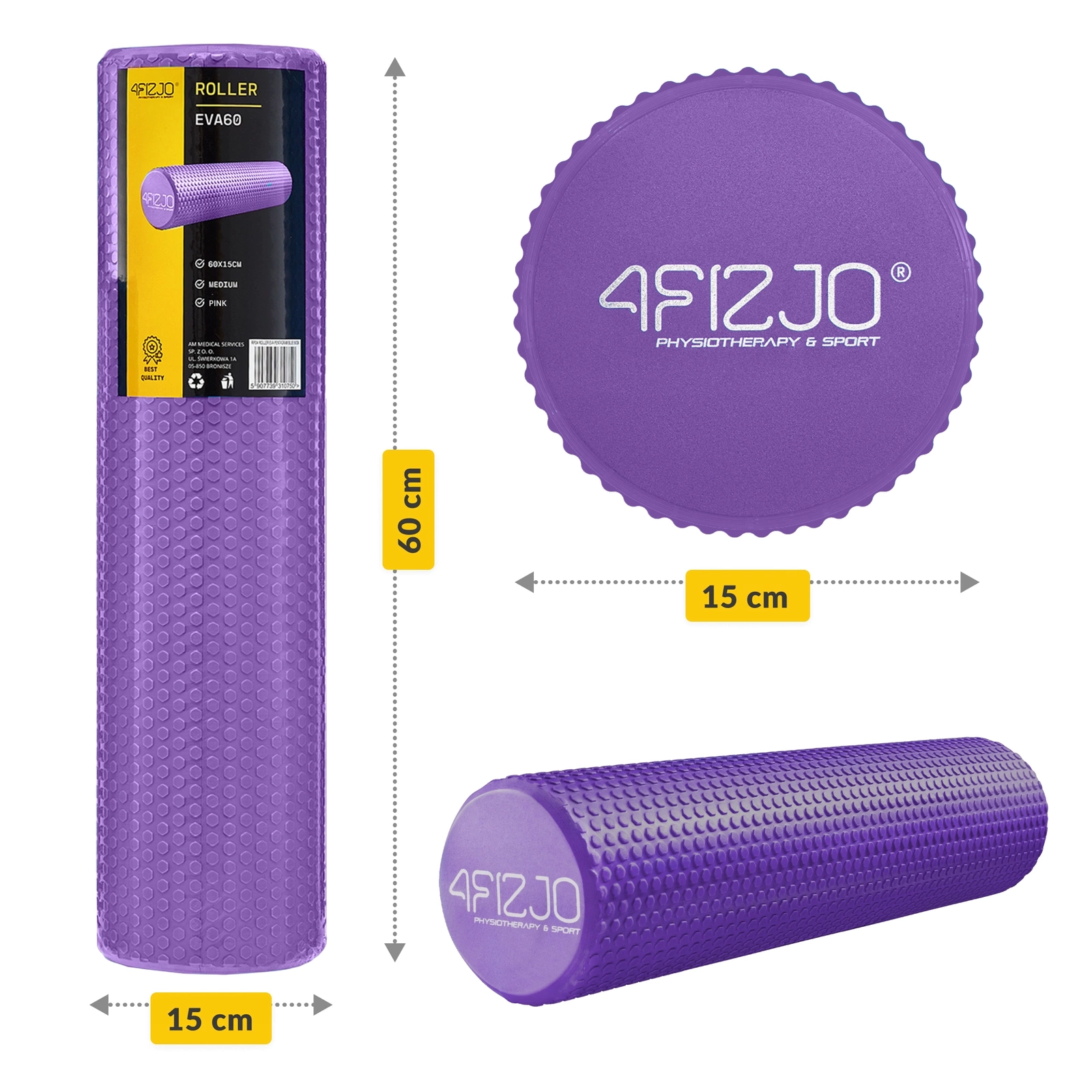 4Fizjo CARE+ masāžas rullis ar izciļņiem, 60 cm, violets